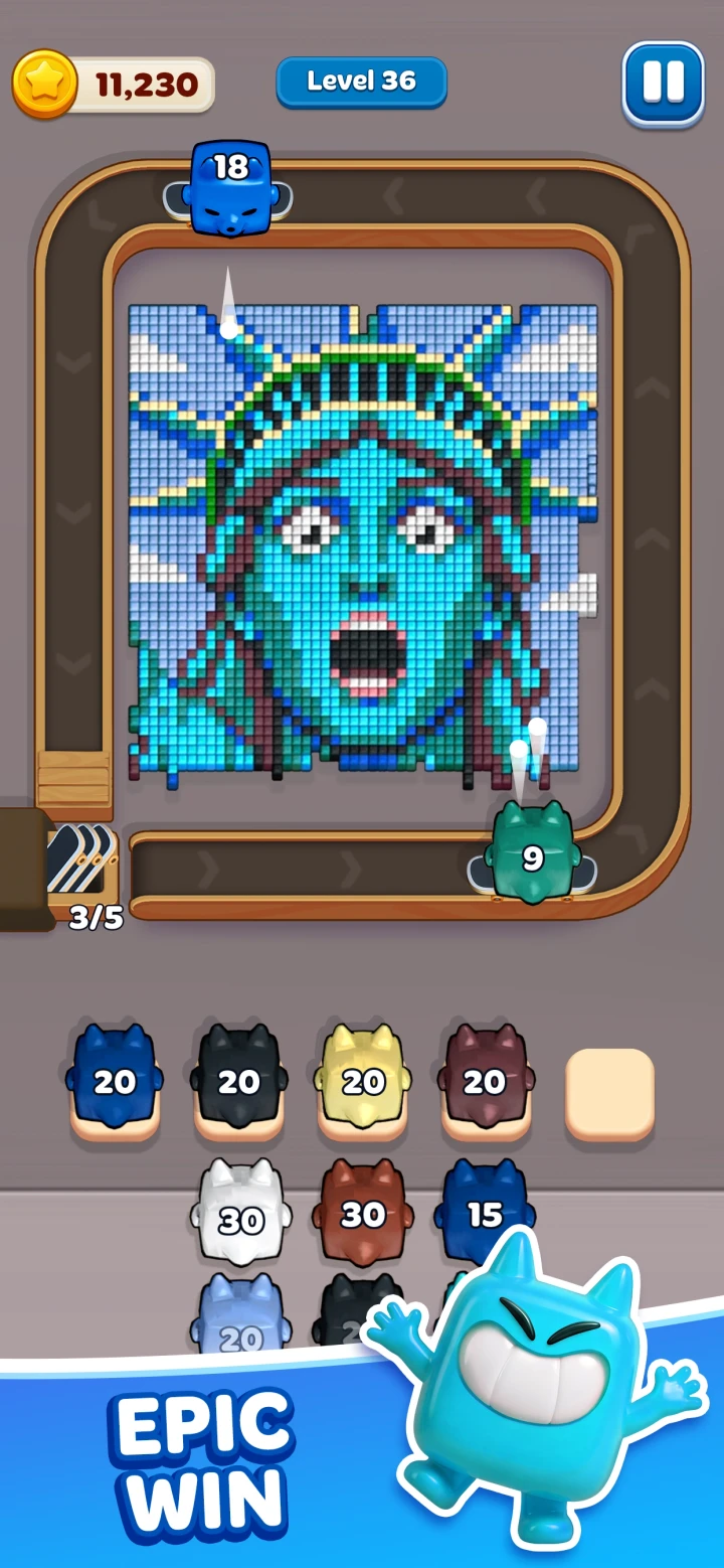 Moon Active App Store screenshot of a turquoise Statue of Liberty pixel board, numbered Jellies and five waiting spaces.