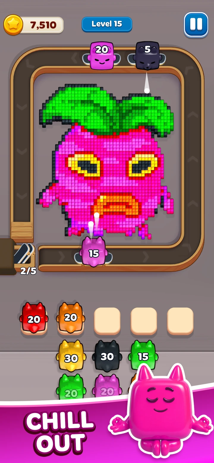 Moon Active App Store screenshot of a pink fruit character with green leaves and numbered Jellies around the rail.