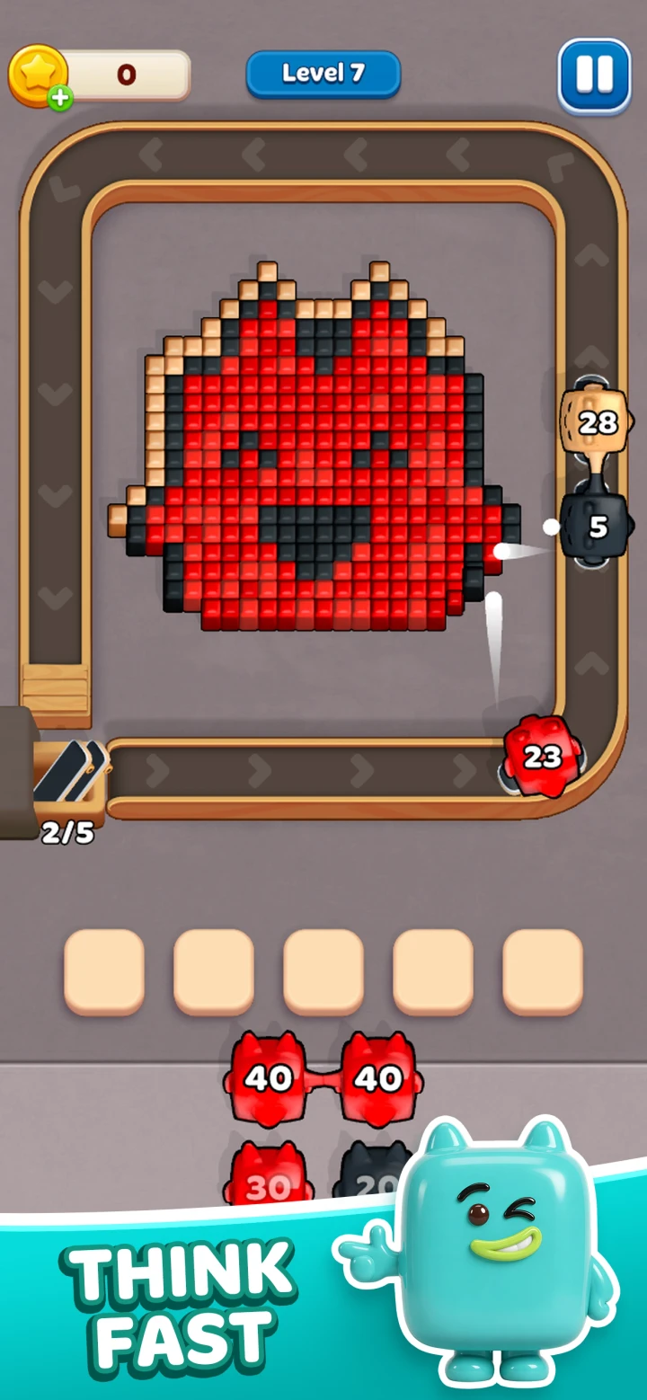 Moon Active App Store screenshot of a red pixel character, active red and dark Jellies and an almost empty waiting row.